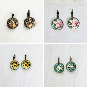 Vintage Feel Floral Print Design Earrings 4 pairs